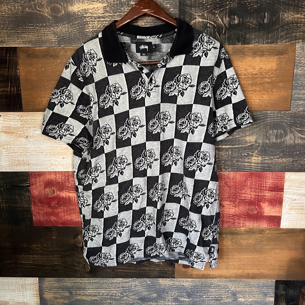 Stussy Rose Block Jacquard Shortsleeve Polo Button Up Shirt Mens Size M Black